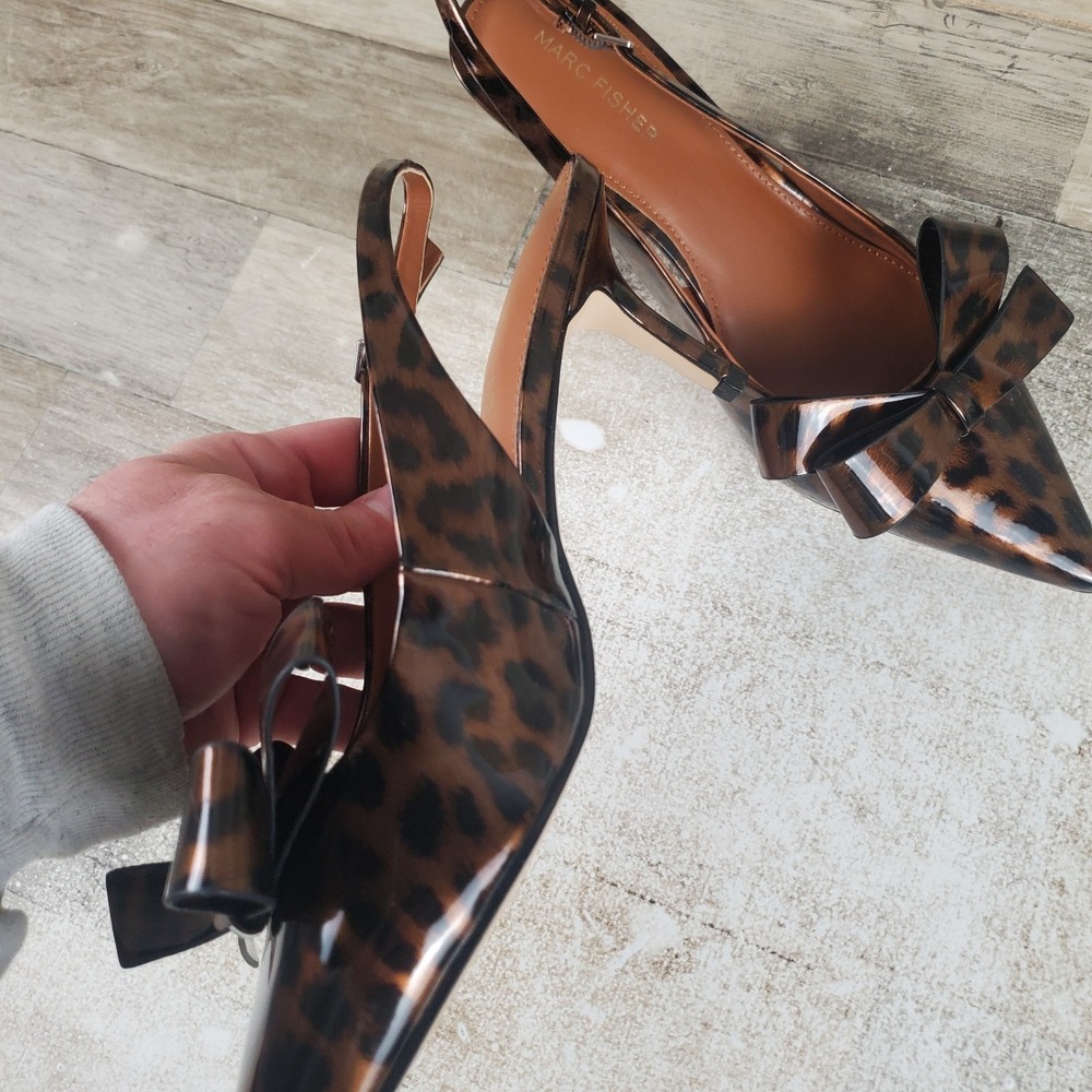 Marc Fisher Allon Womens Pumps Sz 9 M Leopard Patent Bow Slingback Pointed Heels - Picture 4 of 9